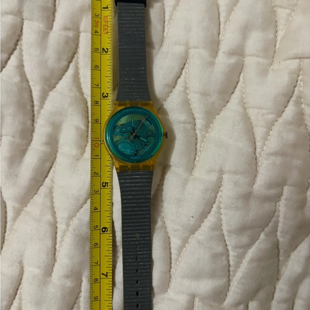 Vintage Swatch Yellow Case Teal Transparent Dial Analog Watch